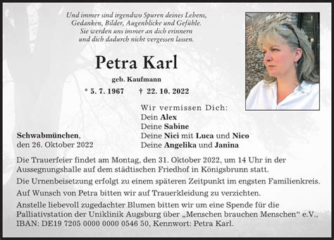 Traueranzeigen Von Petra Karl Augsburger Allgemeine Zeitung