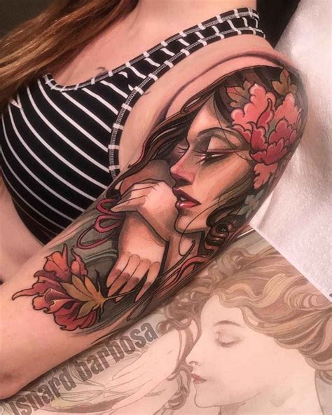 A Woman S Arm With Flowers On It And An Image Of Her Face In The Background