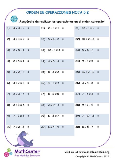 Sexto Grado Hojas De Trabajo Jerarquía De Operaciones Math Center