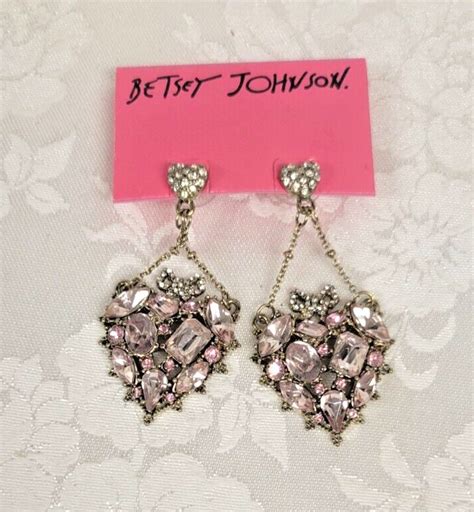 Betsey Johnson Gold Tone Pink And Rhinestone Heart Ea… Gem