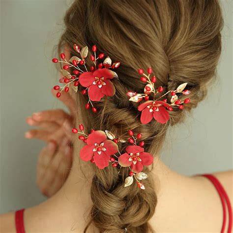 3 Pcs Red Flower Hairpins Pearl Hair Ornaments For Women Gold Leaf