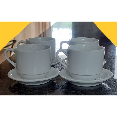 Jogo 4 xícaras de Café e Chá pires 200 ml Empilháveis Porcelana