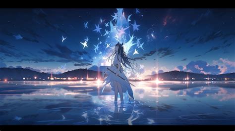 Premium AI Image | Anime girl standing in water with stars in the sky ...