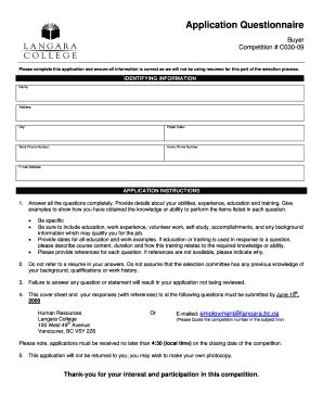 Fillable Online Application Questionnaire Langara College Fax Email