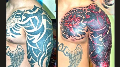 COVER UP TRAIBAL TATTOO ( WITH RED KOI AND FLOWERWS) - YouTube