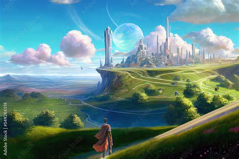 utopian landscape with a city in the distance, concept art Stock ...