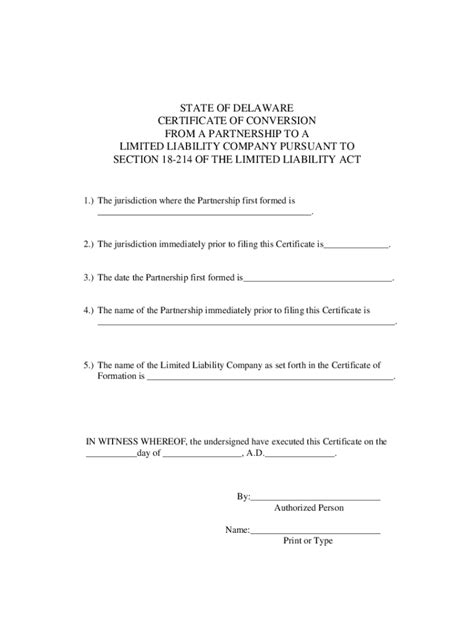 Fillable Online Certificate Of Conversion From A Delaware Or Non