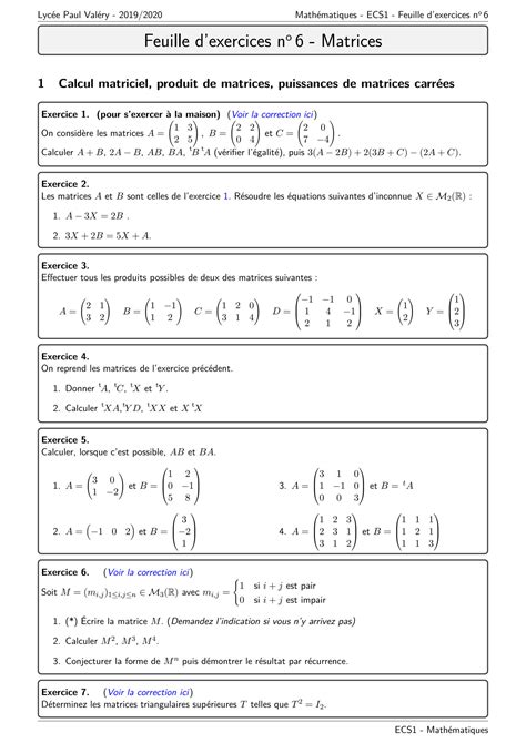 SOLUTION Exercices Corrig S Matrices Studypool