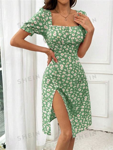 Shein Vcay Robe Col Carr Fendue Haute Avec Imprim Floral Mignonne