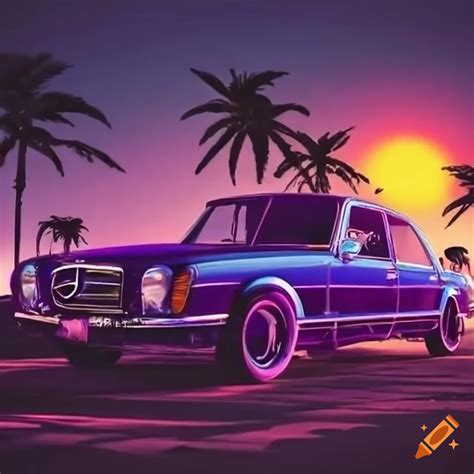 Retro Style Purple Mercedes Benz Car With Palms And Sun On Craiyon