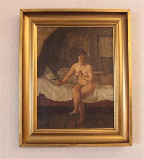 Peinture à l Huile Naked Lady Sitting on a Bed par G L 1924 en vente