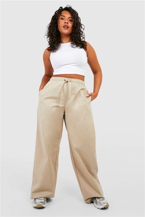 Plus Low Waist Drawcord Twill Parachute Pants Boohoo