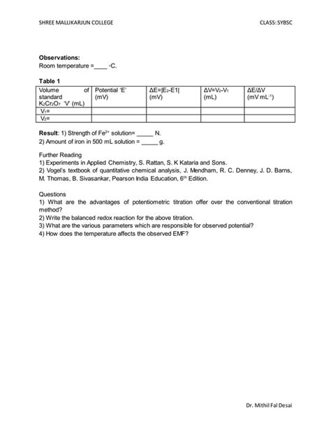 Determination Of Amount Of Ferrous Ions By Titrating Against Standard