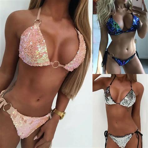 Fy Bikini De Lentejuelas Para Mujer Traje De Ba O De Color Rosa Verde