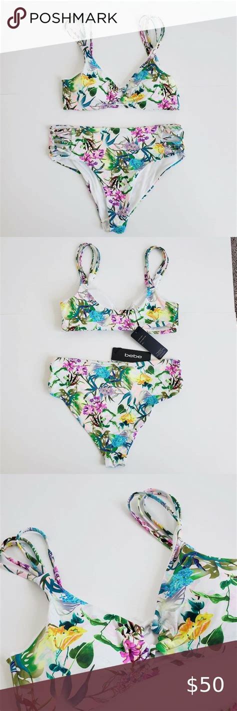 Bebe Two Piece Bikini Swimsuit Set High Rise W Cutouts Tropical Floral