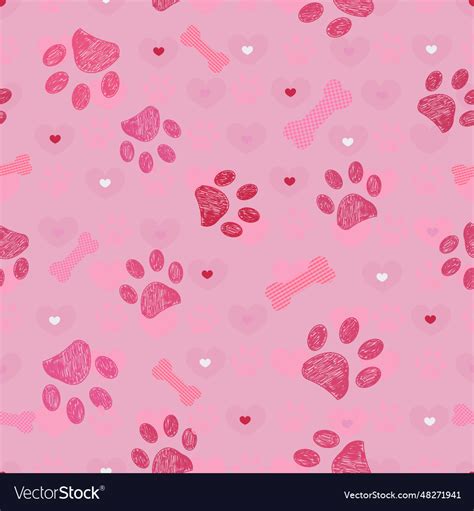 Pink Paw Prints Pattern With Bones Seamless Vector Image