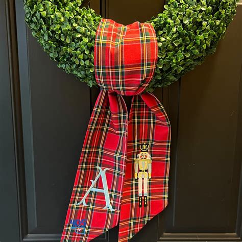 Nutcracker Wreath Sash Red Tartan Embroidered Sash Monogrammed