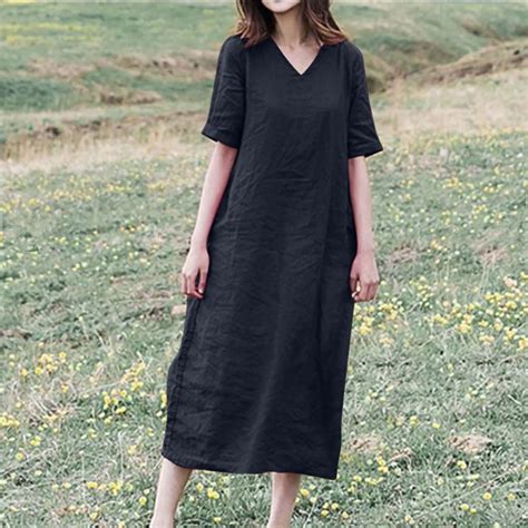 Cotton Linen Dresses For Women Vneck Half Sleeve Soft Shift Solid Color Casual Summer A Line