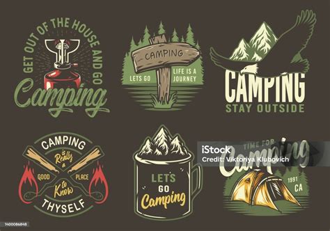 set camping travel outdoor adventure print patch stock illustration