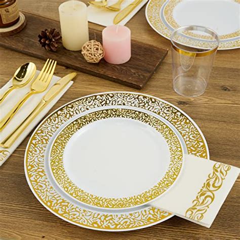 Piece Gold Dinnerware Set Guest Gold Lace Plastic Plates