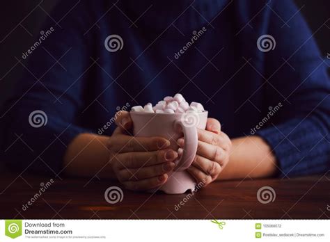 Woman With Pink Mug Of Hot Chocolate And Marshmallow Stock Photo Image Of Woman Sweet