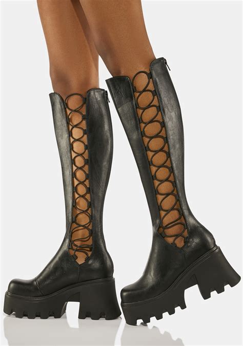 Lamoda Vegan Leather Lace Up Knee High Boots Black Dolls Kill