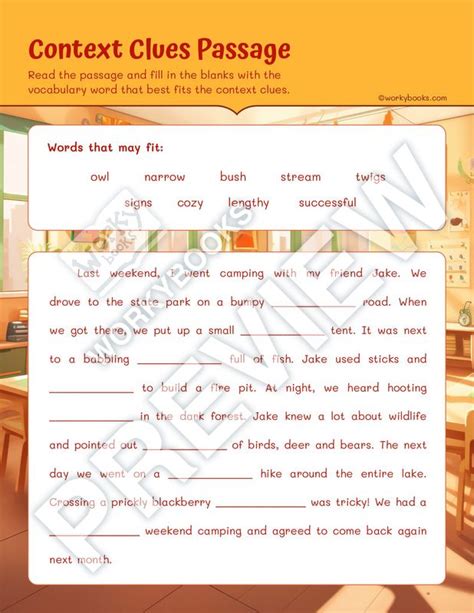 Worksheet Context Clues Passage 5th Grade Ela Vocabulary Interactive Printable