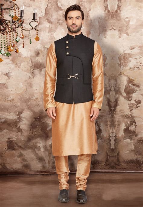 Golden Silk Readymade Kurta Pajama With Jacket 174924 Indian Men Fashion Mens Kurta Designs