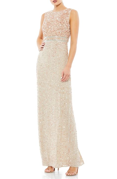 Mac Duggal Sequin Mesh Column Gown Nude Editorialist