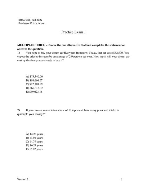 BUAD 306 Fall 2022 Practice Exam 1 Multiple Choice Questions Studocu