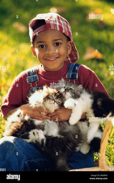 Portrait Of A Boy Holding Cats Stock Photo Alamy