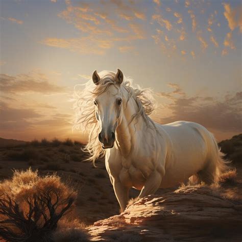 Premium AI Image | there is a white horse running in the desert at sunset generative ai