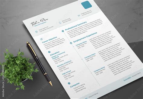 Resume Layout with Teal Accents and Header/Footer Stock Template | Adobe Stock