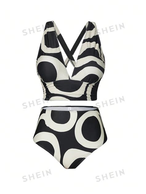 Shein Swim Oasis Summer Beach Plus Size Random Print Swimsuit Set