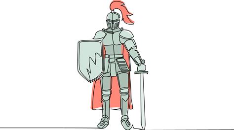 Continuous One Line Drawing Medieval Knight Standing In Armor And