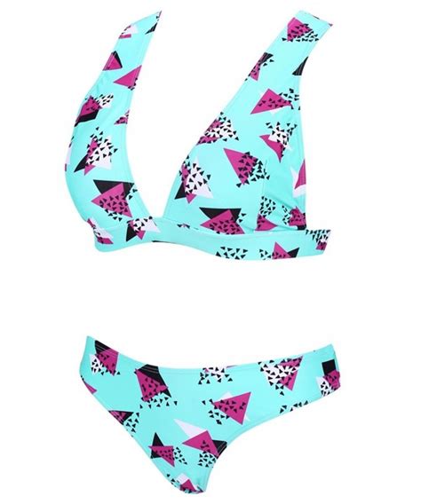 Vintage Wide Shoulder Strap Bralette Bikini Set Patterned Retro Swimsuit For Women Blue Print