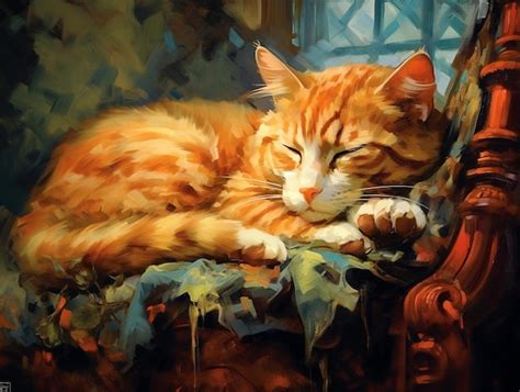 Una Pintura De Un Gato Durmiendo En Una Silla Foto Premium