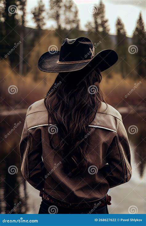 Woman Farmer in Cowboy Hat at Agricultural Field on Sunset. Rear View ...