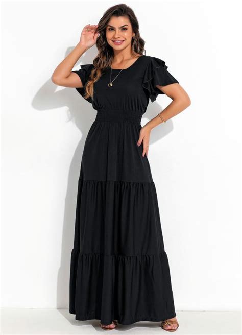 Vestido Babado Preto Moda Evang Lica Rosalie