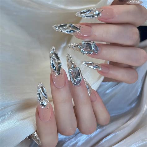 Amazon BABALAL Long Stiletto Press On Nails Pink Nude Fake Nails Bling Luxury Glue Ons