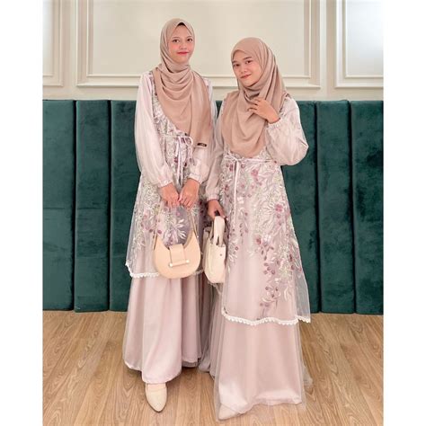 Jual Dress Gamis Dress Brukat Tulle Flower Mewah Lebaran Wisuda Akad