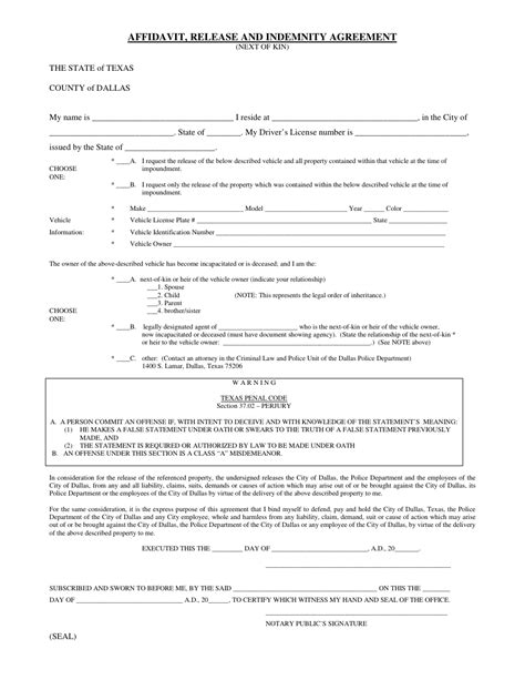 City Of Dallas Texas Affidavit Release And Indemnity Agreement Next