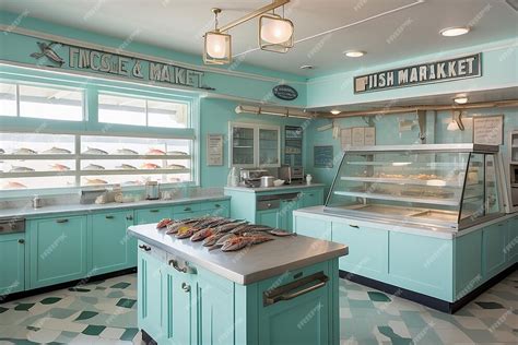 Classic Seaside Fish Market Kitchen With Pastel Aqua Appliances Seafood