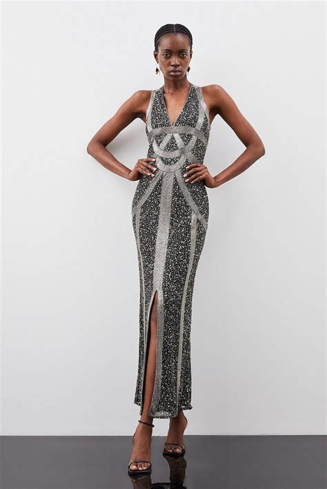 Karen Millen Crystal Embellished Halter Woven Maxi Dress