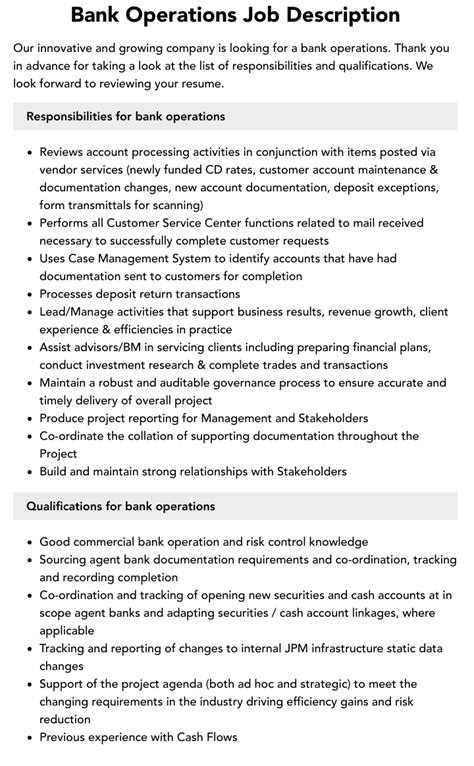 Bank Operations Job Description Velvet Jobs