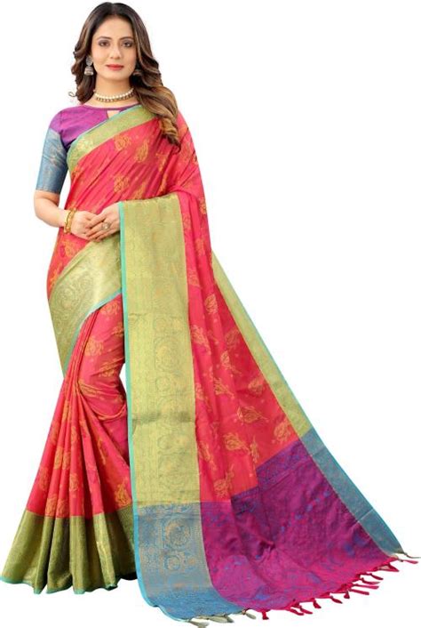 Buy Fospy Women Red Silk Blend Woven Casual Regular Dharmavaram Saree