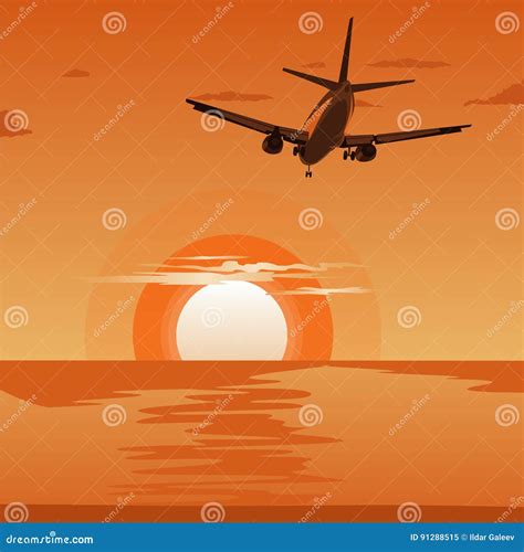 Commercial Airplane Flying Above Tropical Sea At Sunset Stock Vector