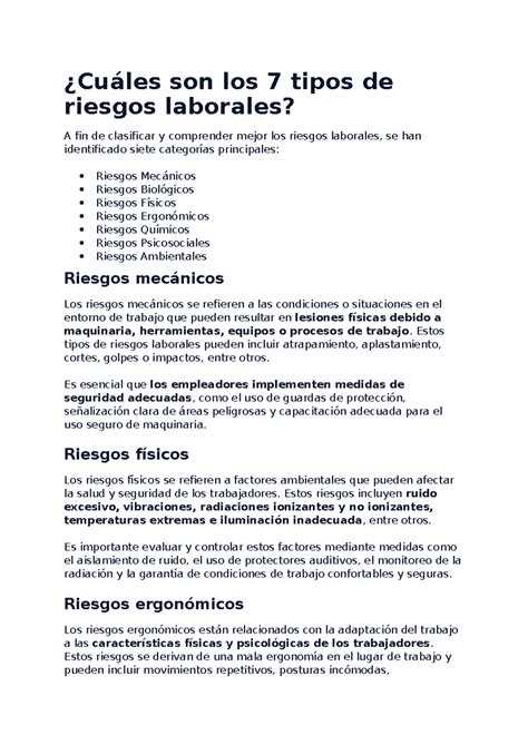 ¿cuáles Son Los 7 Tipos De Riesgos Laborales Estos Tipos De Riesgos