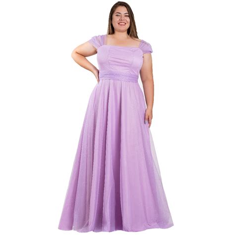 Vestido Longo De Festa Plus Size Em Tule Decote Reto Maguinha