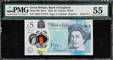 GREAT BRITAIN Bank Of England 5 Pounds 2015 P 394 Solid 7s PMG